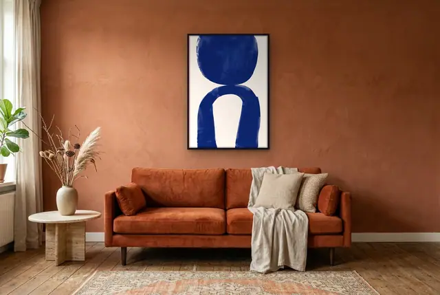 Abstract blauw poster in de woonkamer