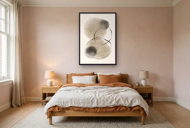 Abstracte gouden vormen poster boven het bed