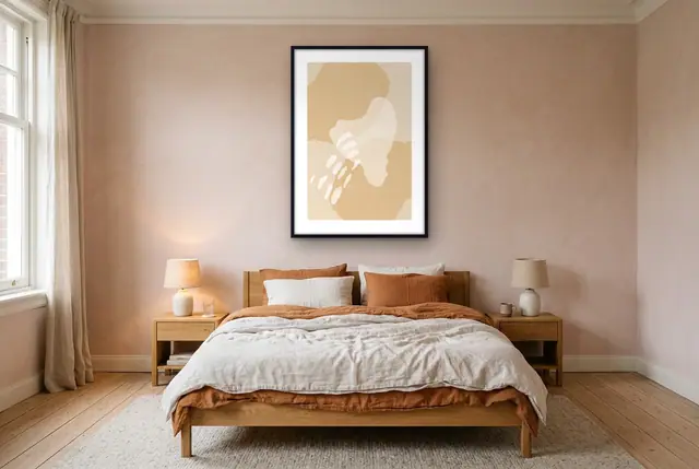 Abstracte aardetinten poster boven het bed