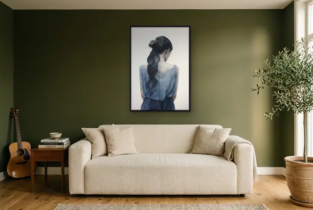Vrouw in blauw poster in de woonkamer