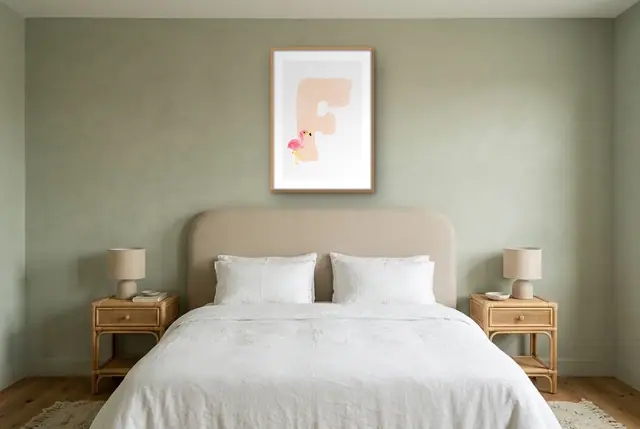 Letter F flamingo poster boven het bed
