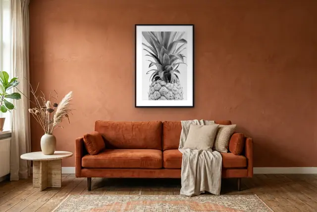 Zwart-wit ananas poster in de woonkamer