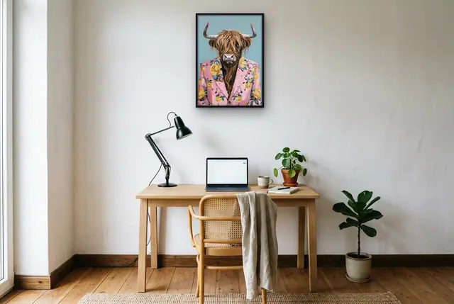 Hooglander in blazer poster boven het bureau