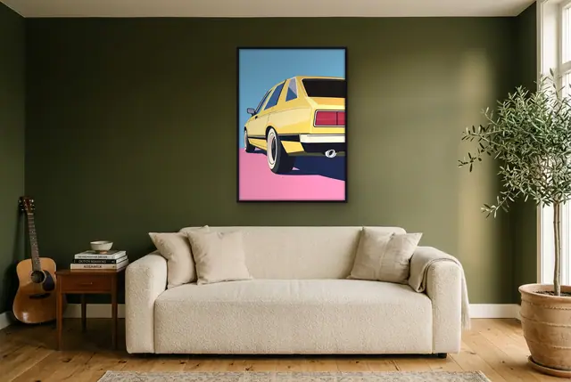 Gele retro auto poster in de woonkamer