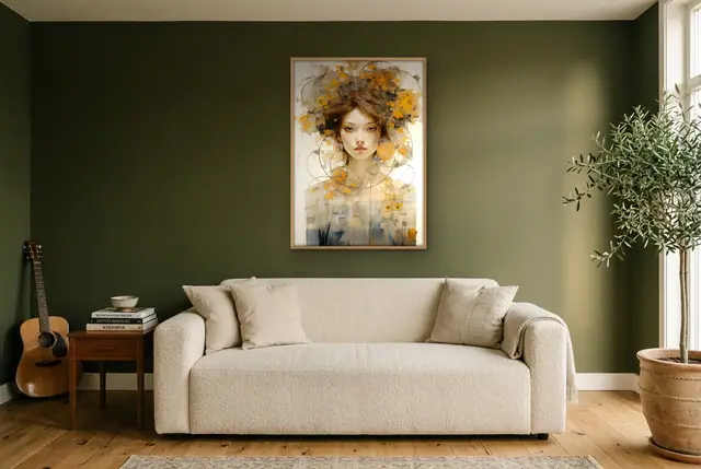 Aziatische vrouw poster in de woonkamer
