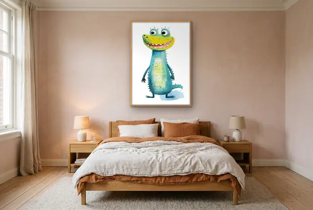 Baby krokodil poster boven het bed