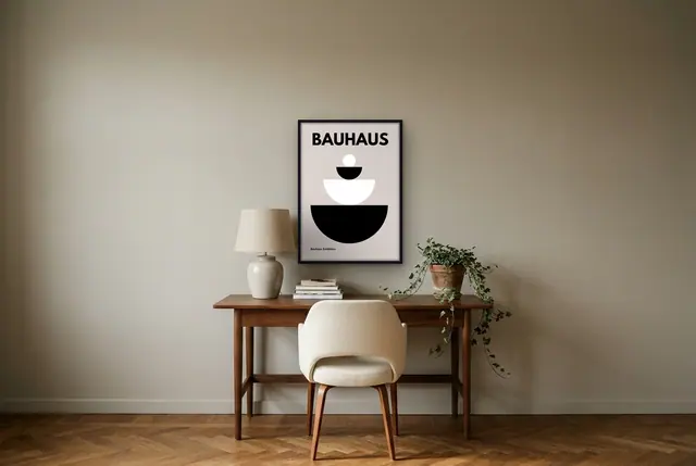 Bauhaus design poster boven het bureau
