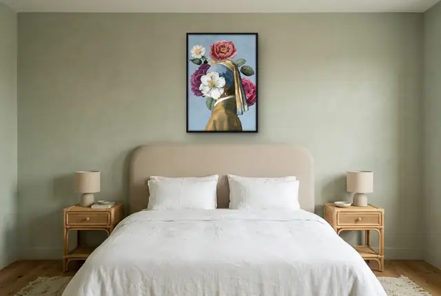 Vermeer bloemen poster boven het bed