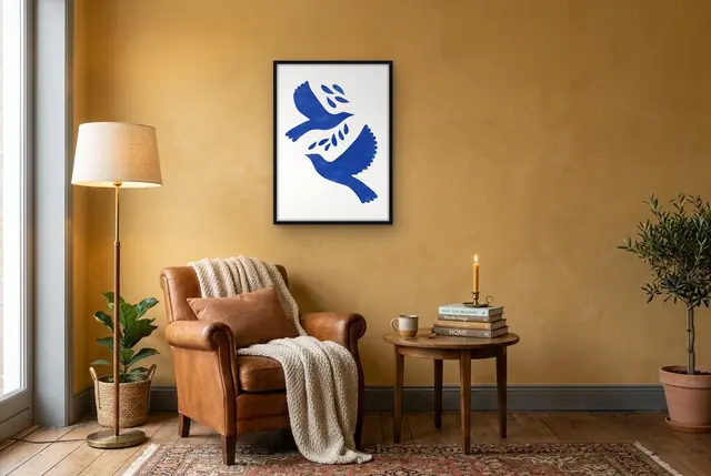 Blauwe duiven poster in de leeshoek