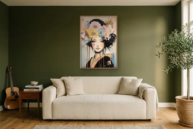Japanse vrouw bloemen poster in de woonkamer
