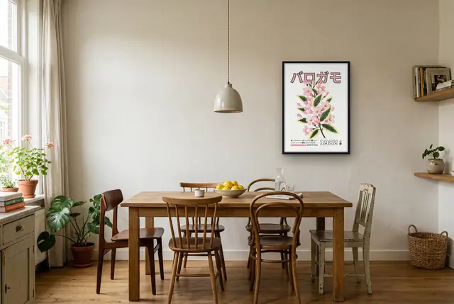 Japanse bloesem vintage poster boven de eettafel