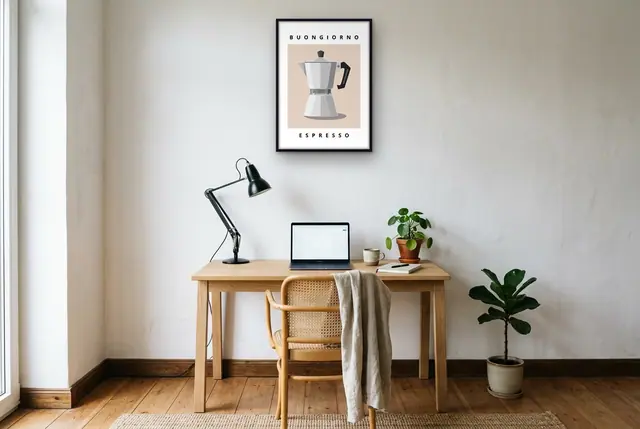 Buongiorno espresso poster boven het bureau