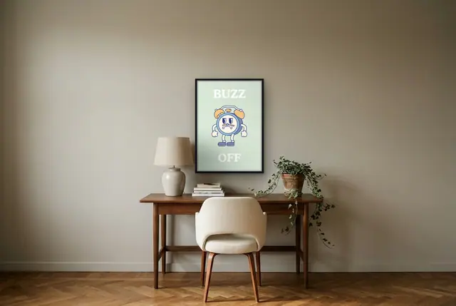 Buzz Off wekker poster boven het bureau