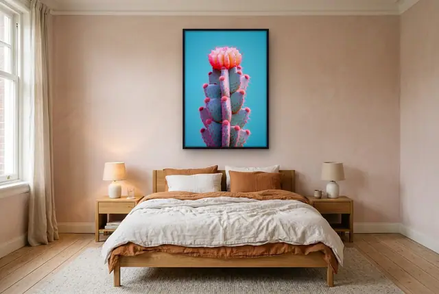 Roze cactus no. 2 poster boven het bed