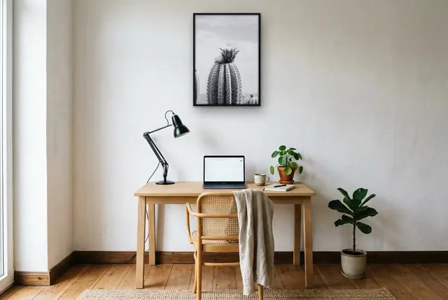 Cactus zwart-wit poster boven het bureau