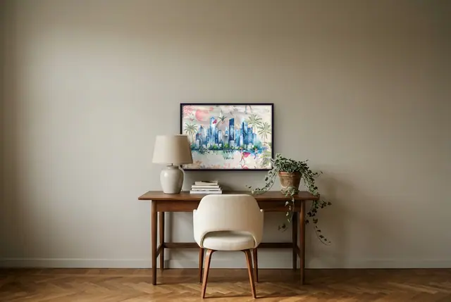 Surrealistische skyline poster boven het bureau