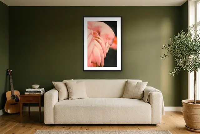 Close-up flamingo poster in de woonkamer
