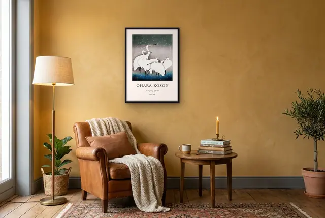 Ohara Koson zilverreigers poster in de leeshoek