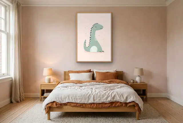 Lieve dino poster boven het bed
