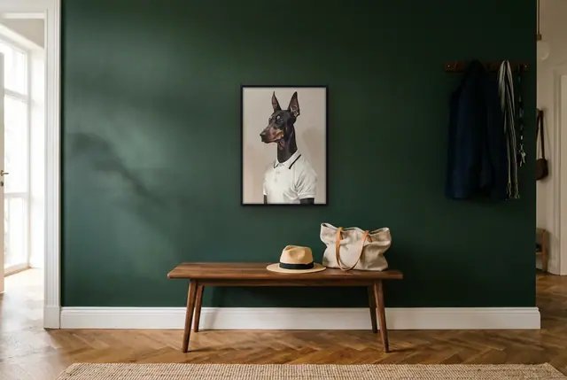 Doberman in polo poster in de hal