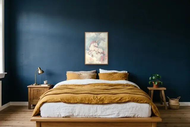 Slapende eenhoorn poster boven het bed