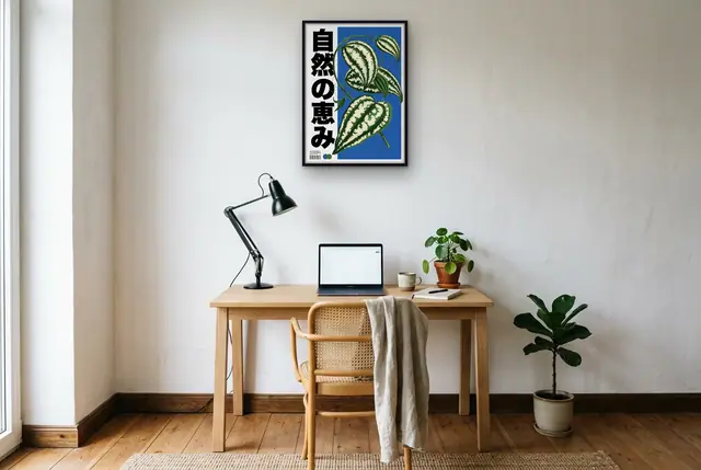 Japanse botanische poster boven het bureau
