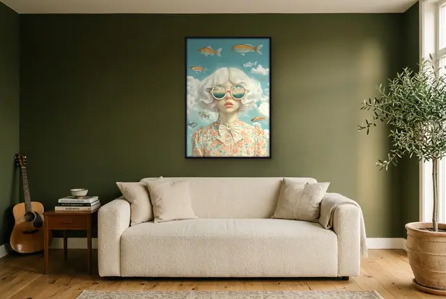 Surrealistisch portret vissen poster in de woonkamer