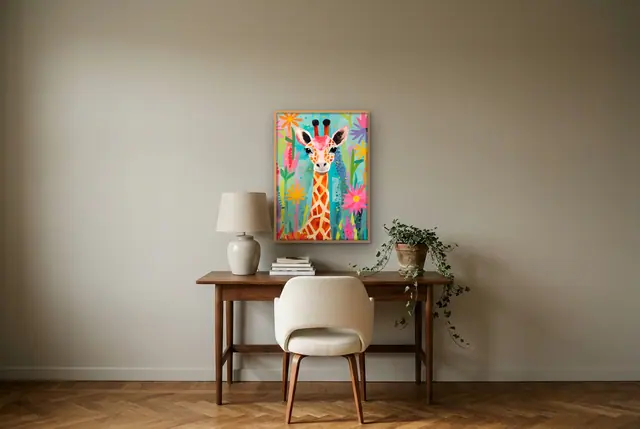 Kleurrijke giraffe poster boven het bureau