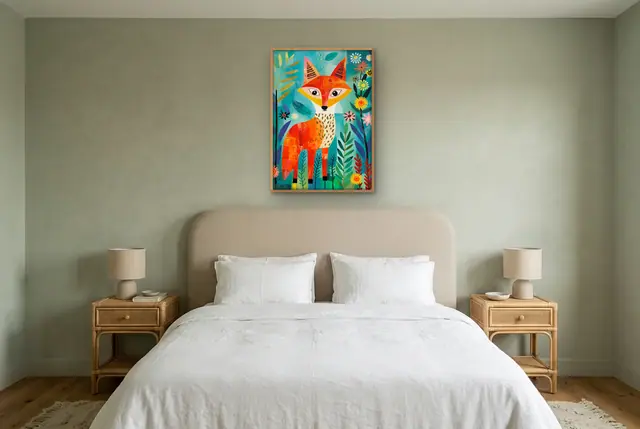 Gekleurde vos poster boven het bed