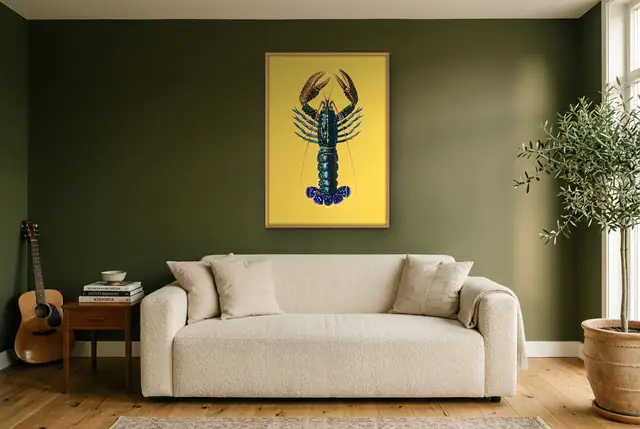 Kreeft op geel poster in de woonkamer