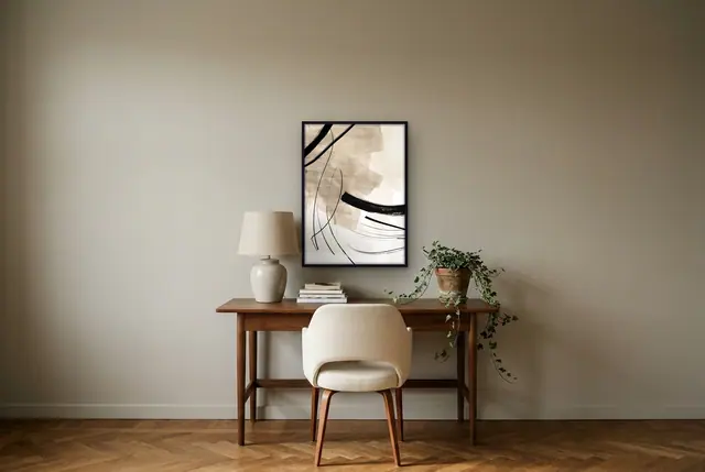 Grijs Zwarte Tonen no. 2 poster boven het bureau