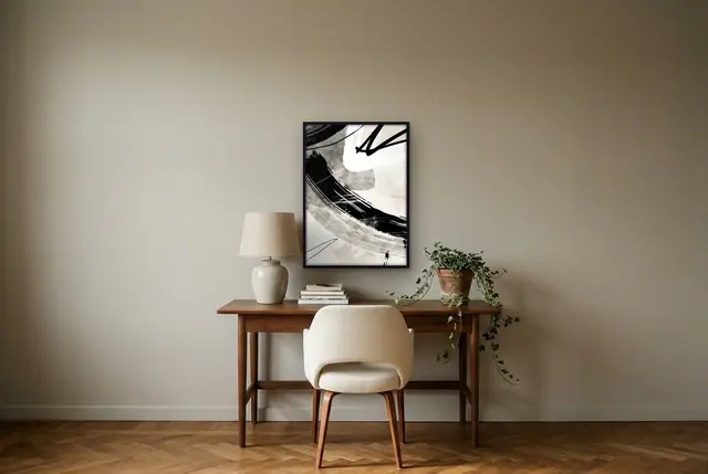 Grijs zwarte tonen no. 3 poster boven het bureau