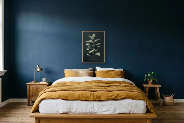 Groene bladeren poster boven het bed