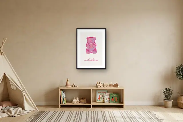 Roze gummybeer poster in de speelhoek