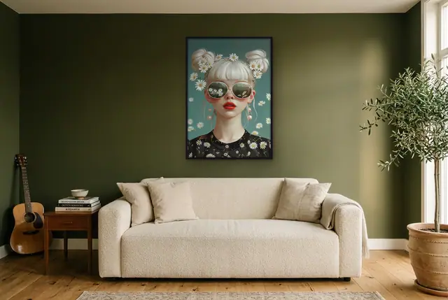 Meisje met madeliefjes poster in de woonkamer