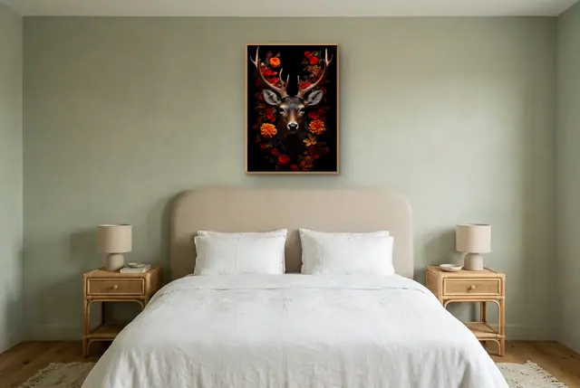 Hert met bloemen poster boven het bed