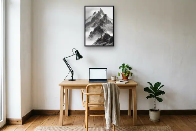 Hoge bergen poster boven het bureau