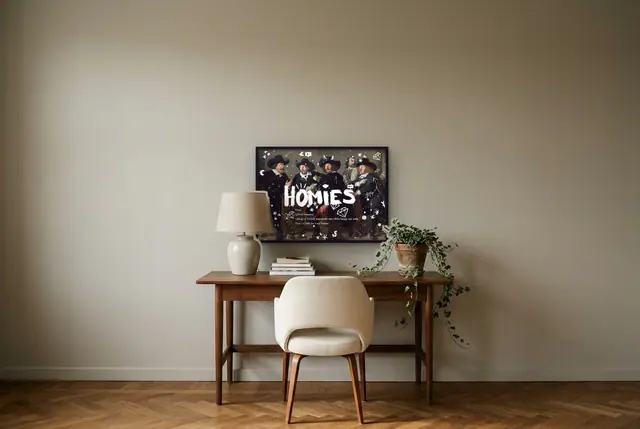 Homies kunst poster boven het bureau