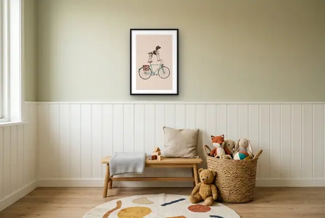 Hond op fiets poster in de kinderkamer