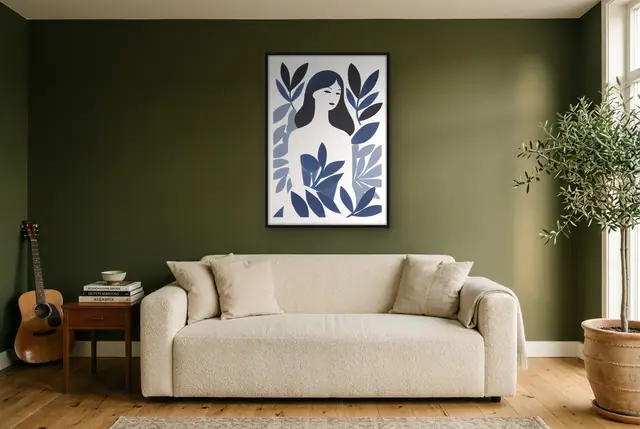 Vrouw tussen bladeren poster in de woonkamer
