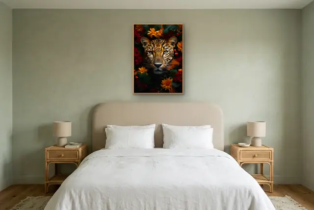 Jaguar met bloemen poster boven het bed