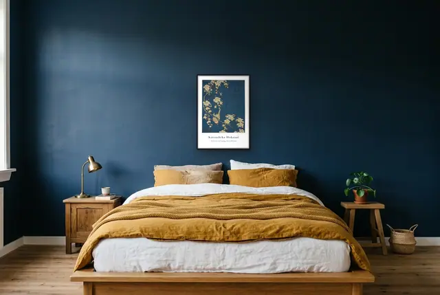 Hokusai kersenbloesem poster boven het bed