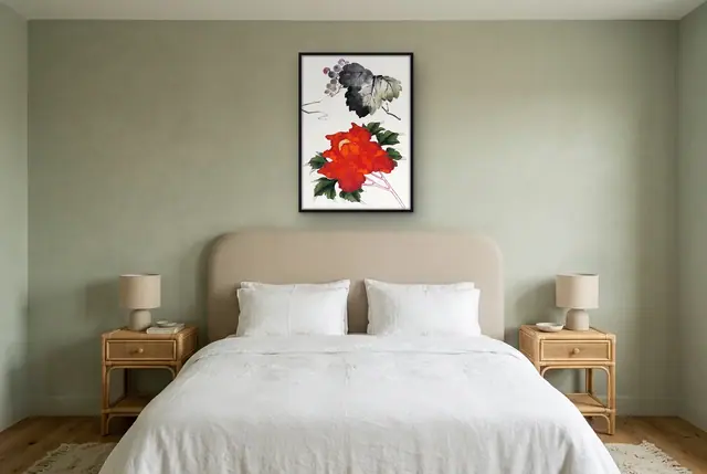 Hokusai Japanse bloem poster boven het bed
