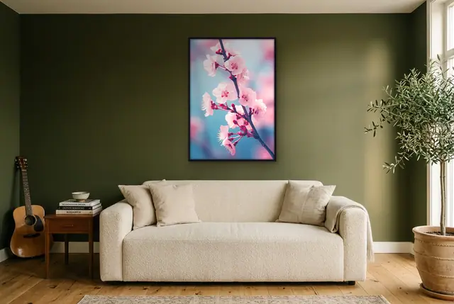 Roze kersenbloesem poster in de woonkamer