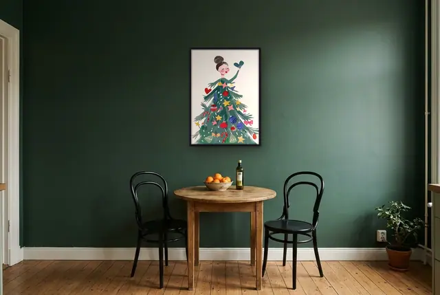 Kerstboom jurk poster boven de bistrotafel