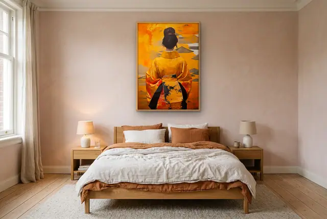 Gele kimono poster boven het bed