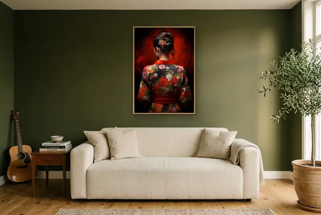 Japanse kimono rood poster in de woonkamer