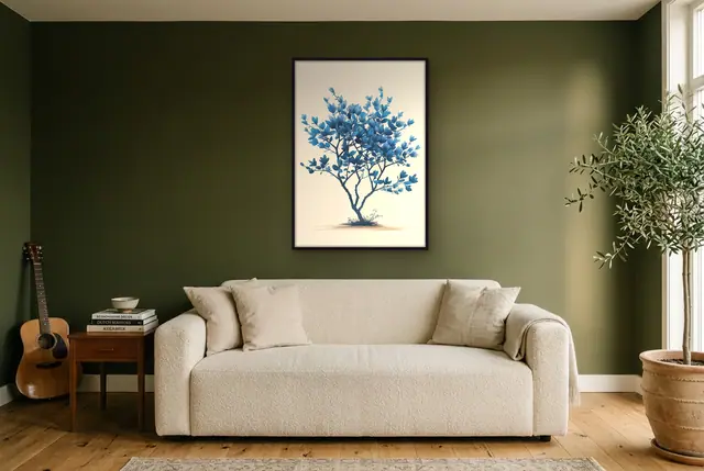 Blauwe boom poster in de woonkamer
