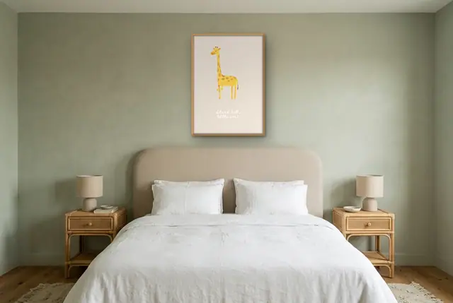 Kleine giraffe poster boven het bed