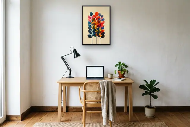 Kleurrijke bladeren poster boven het bureau